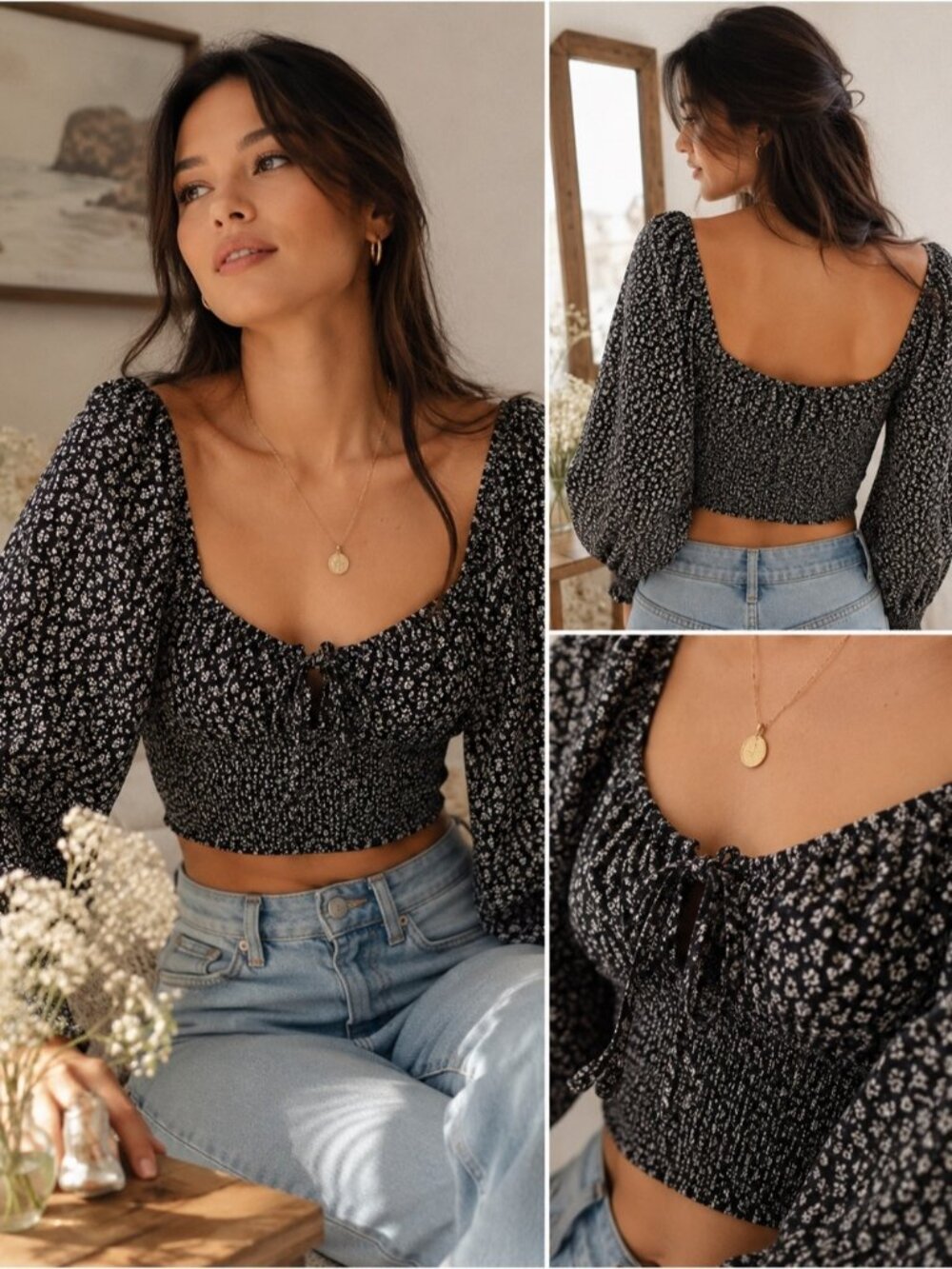 Love Tree Black Floral Smocked Crop Top Puff Sleeve Cottagecore Coquette L
